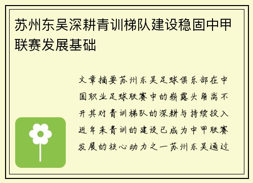 苏州东吴深耕青训梯队建设稳固中甲联赛发展基础