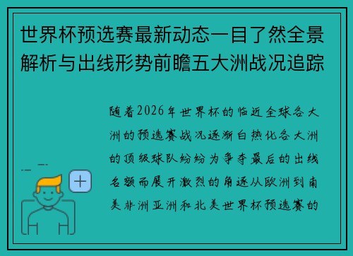 世界杯预选赛最新动态一目了然全景解析与出线形势前瞻五大洲战况追踪